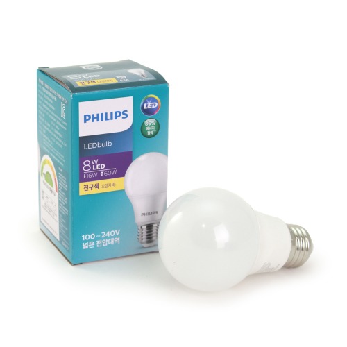 필립스 에센셜 LED전구 8W 전구색(노란빛-3000K) 에너지효율 1등급
